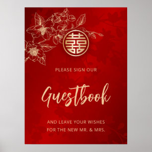 Poster Livro de Visitas Floral Vermelho Casamento Chinês 