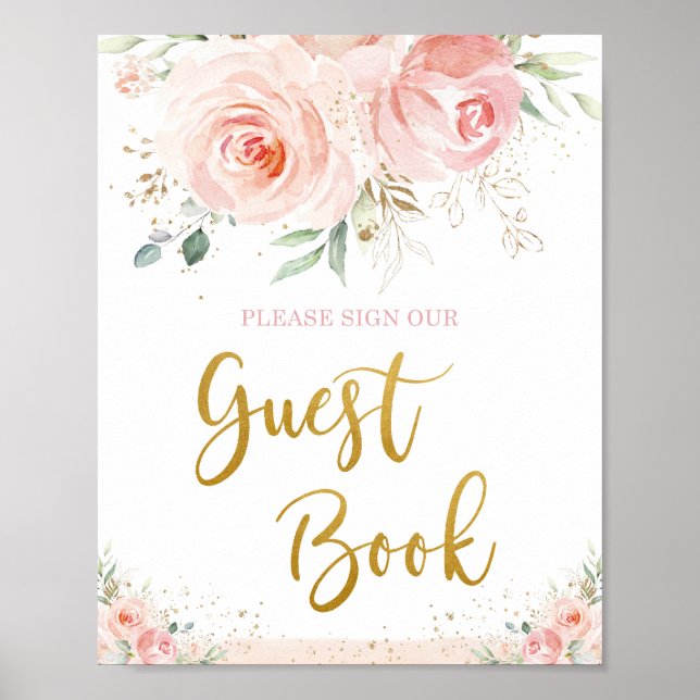 Poster Livro de Visitas Rosa Floral Chic com Folhagem Dou (Frente)