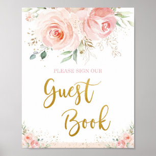 Poster Livro de Visitas Rosa Floral Chic com Folhas Doura