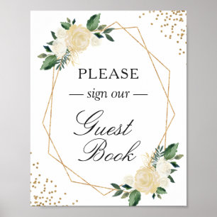 Poster Livro de Visitas Sinal Verde Dourado Brilha Floral
