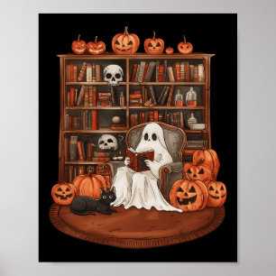 Poster Livro Fantasma Lendo Professor Halloween Bibliotec
