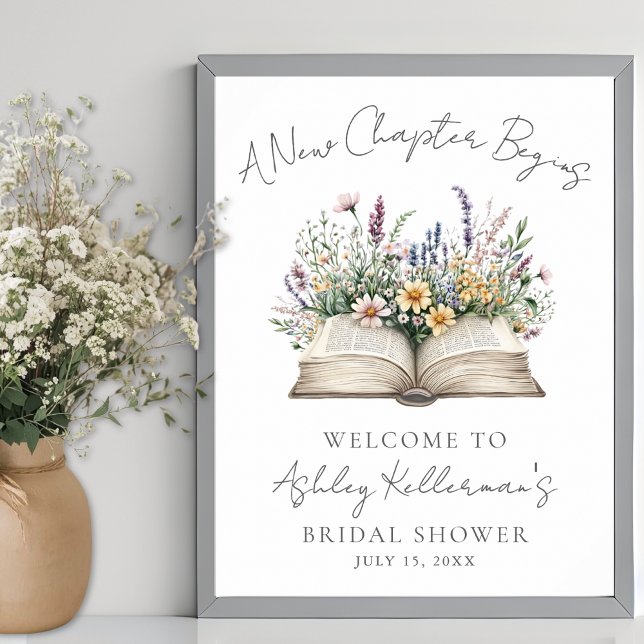 Poster Livro Novo Capítulo Sinal de Chá de Bebê de Noiva  (Book New Chapter Wildflower Bridal Shower Sign)