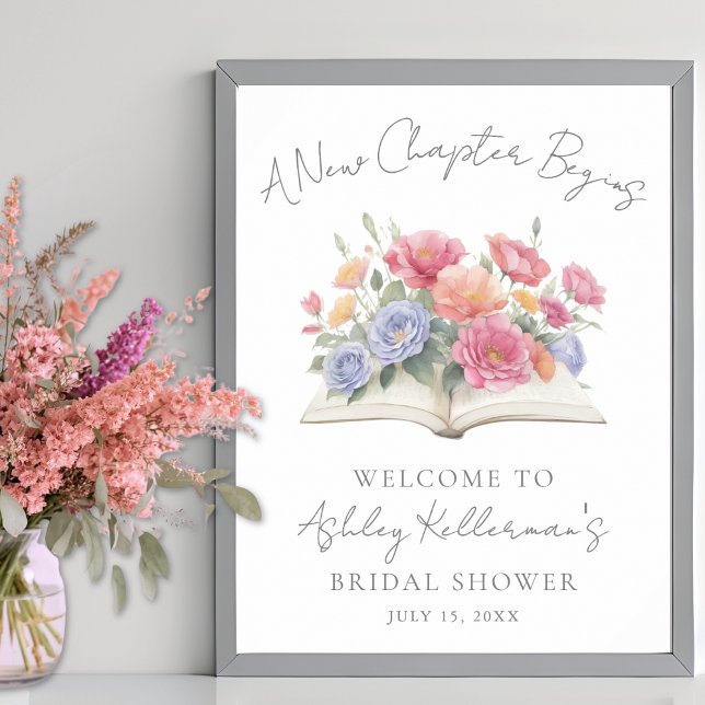 Poster Livro Sinal de Boas-Vindas de Chá de Noiva Floral  (Book Watercolor Floral Bridal Shower Welcome Sign)