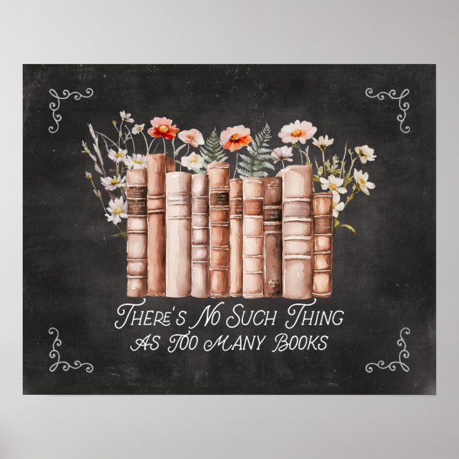 Poster Livros com Flores e Citação em Quadro Negro (Frente)