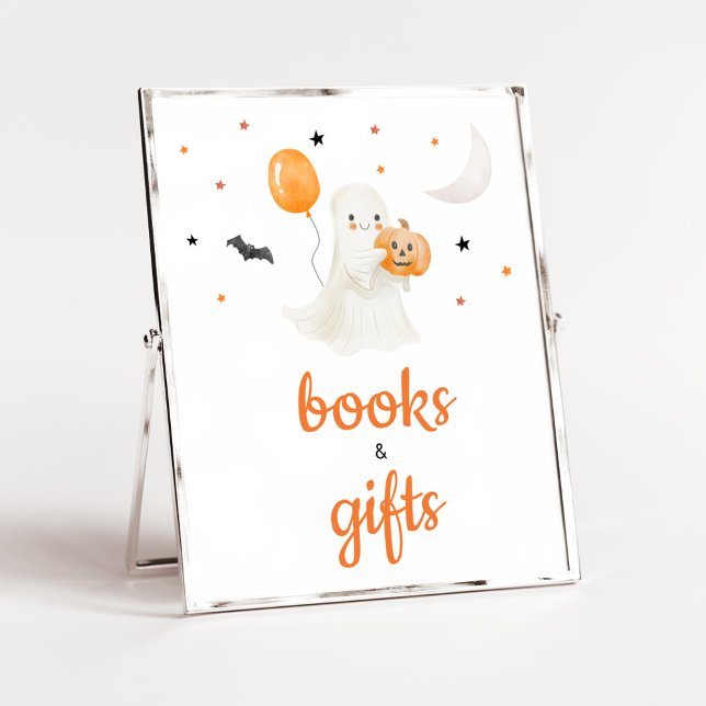 Poster Livros de Chás de fraldas de Halloween e presentes (A Little Boo Baby Shower Books and Gifts Sign)