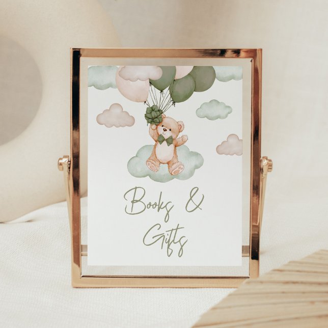 Poster Livros de Chás de fraldas e presentes do Green Bab (Green Bear Balloon Bearly Wait Baby Shower Books and Gifts Sign)