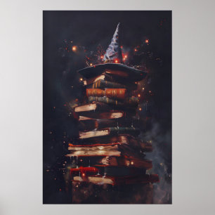 Poster Livros de Feitiços com Parede Mágica de Chapéu de