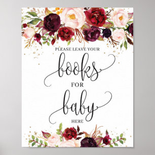 Poster Livros de ouro floral de Marsala burgundy para pla