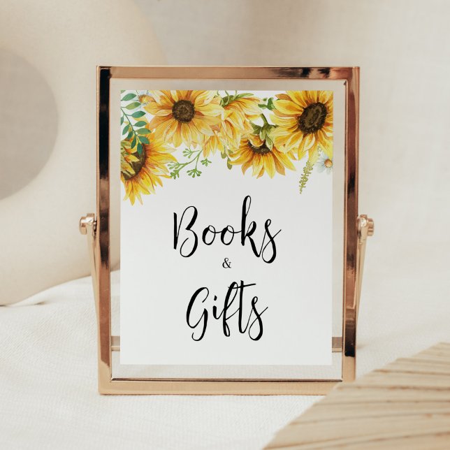 Poster Livros e dotes de Chás de fraldas de girassol (Sunflower Girl Baby Shower Books and Gifts Sign)