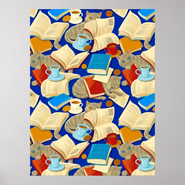 Poster Livros e gatos em azul (Frente)