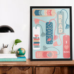 Poster Livros e Leitura de Favoritos Ilustrados<br><div class="desc">Adicione um toque divertido à decoração da biblioteca ou do livro nook com esta poster que apresenta ilustrações de marcadores em tons de coral,  azul lacrimejante e verde-sábio contra um fundo verde-menta claro.</div>