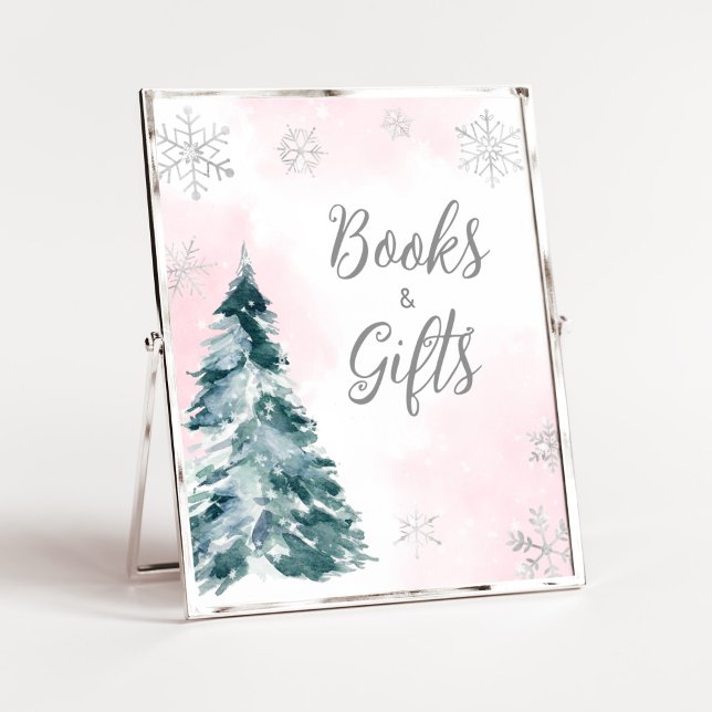 Poster Livros e presentes cor-de-rosa frios (Pink Silver Pine Tree Baby Shower Books and Gifts Sign)