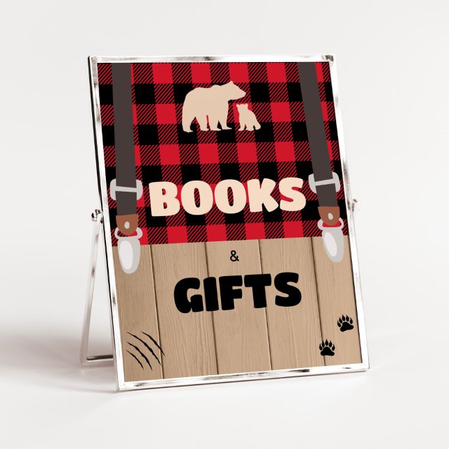Poster Livros e presentes da Xadrez rustica vermelha (Plaid Lumberjack Baby Shower Books and Gifts Sign)