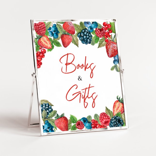 Poster Livros e presentes de Chá de fraldas Berry Sweet (Sweet Girl Berry Baby Shower Books and Gifts Sign)