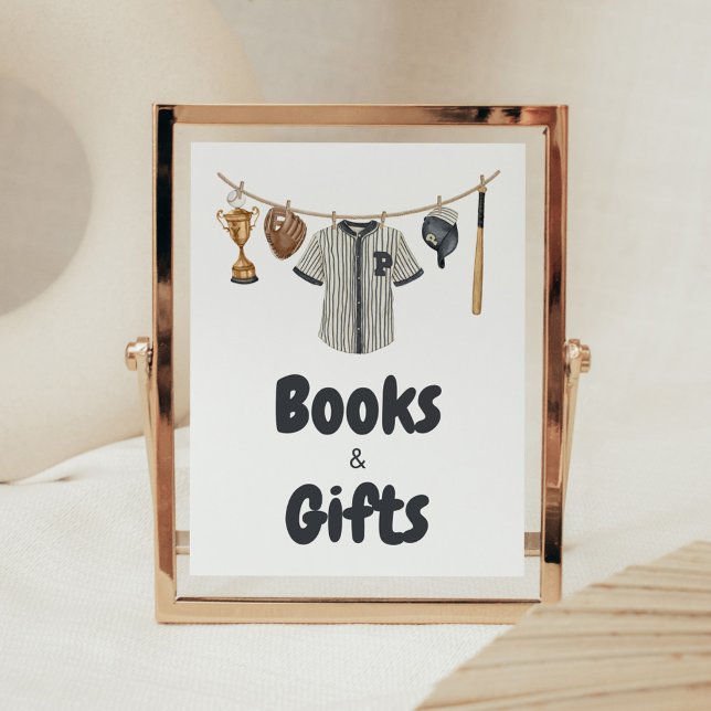 Poster Livros e presentes de Chá de fraldas com pancada d (Baseball Little Slugger Clothesline Baby Shower Books and Gifts Sign)