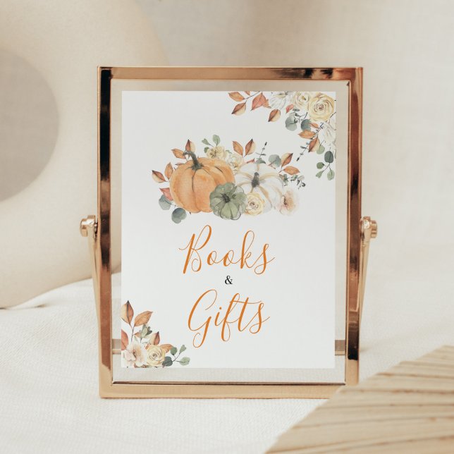 Poster Livros e presentes de Chá de fraldas de Abóbora Fl (Autumn Pumpkin Baby Shower Books and Gifts Sign)