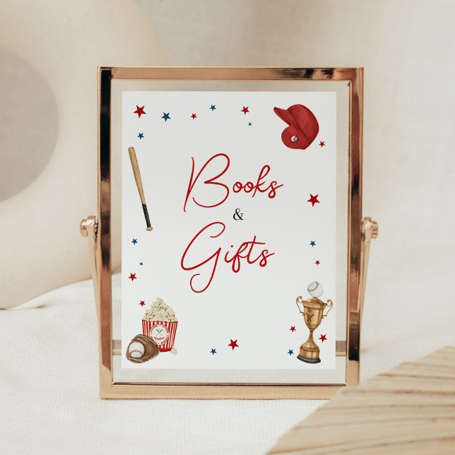 Poster Livros e presentes de Chá de fraldas de beisebol (Oh Boy Little Slugger Baby Shower Books Sign)