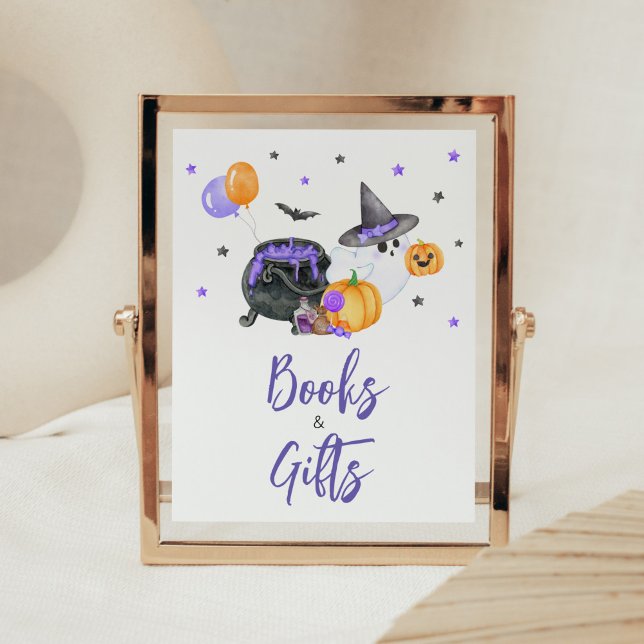 Poster Livros e presentes de Chá de fraldas de Boo Roxo (Ghost Halloween Baby Shower Books and Gifts Sign)