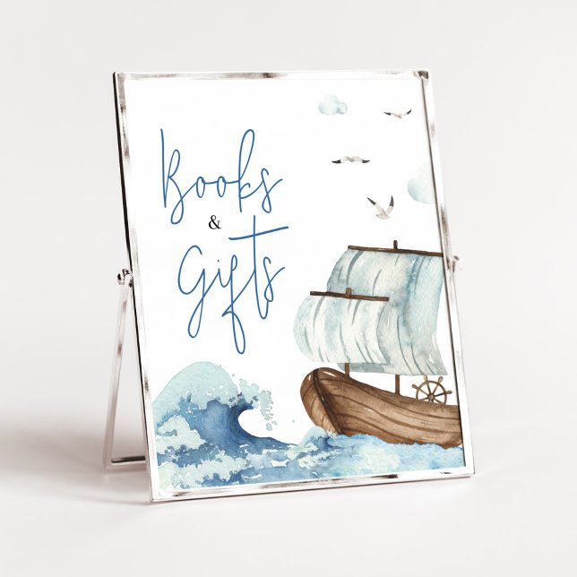 Poster Livros e presentes de Chá de fraldas de embarcaçõe (Ahoy It's A Boy Baby Shower Books and Gifts Sign)