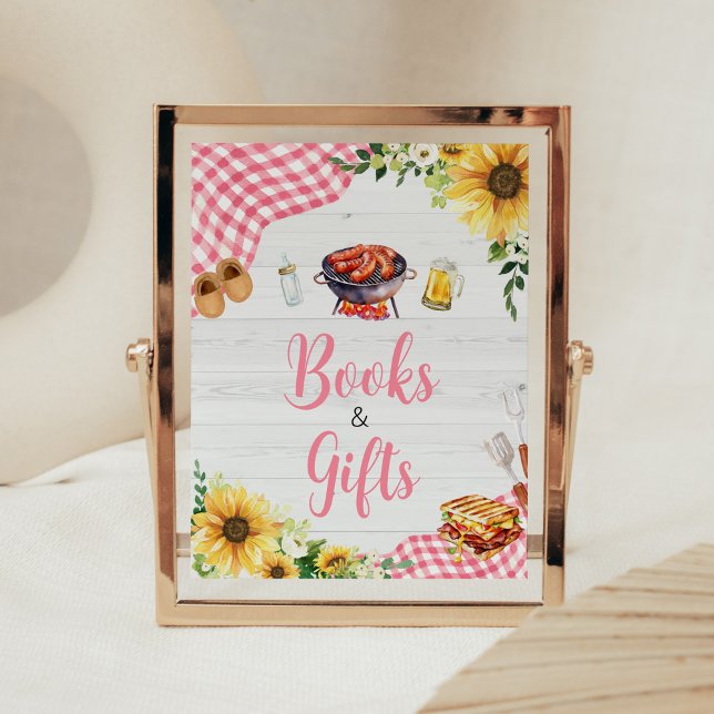 Poster Livros e presentes de Chá de fraldas de girassol r (Baby- Q Backyard Baby Shower Books and Gifts Sign)