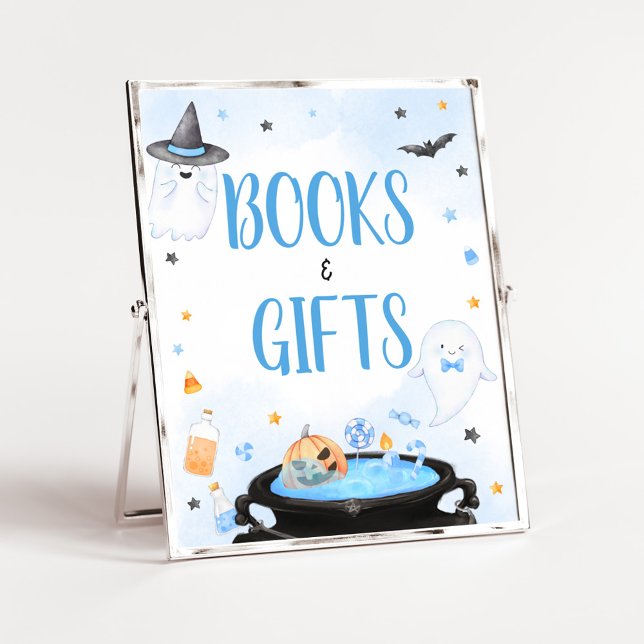 Poster Livros e presentes de Chá de fraldas de Halloween (Blue Oh Sheet Baby Shower Books and Gifts Sign)
