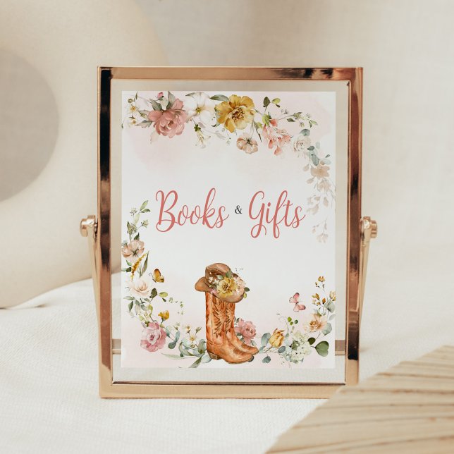 Poster Livros e presentes de Chá de fraldas de menina-vaq (Cowgirl Wild West Baby Shower Books and Gifts Sign)
