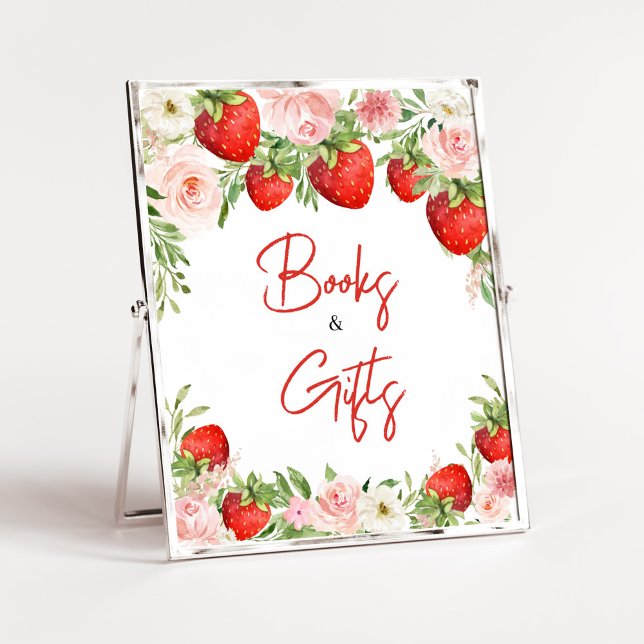 Poster Livros e presentes de Chá de fraldas de morango (Pink Floral Strawberry Baby Shower Books and Gifts Sign)