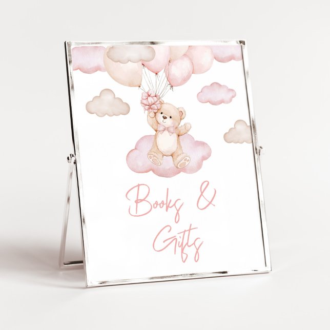Poster Livros e presentes de Chá de fraldas de Urso Bebê  (Pink Baby Bear Balloon Baby Shower Books and Gifts Sign)