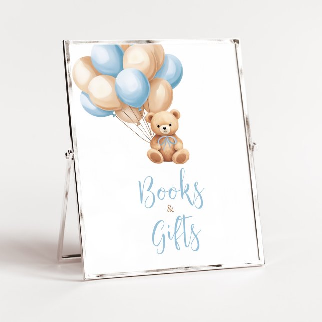 Poster Livros e presentes de Chá de fraldas do Urso Balão (We Can Bearly Wait Boy Baby Shower Books and Gifts Sign)