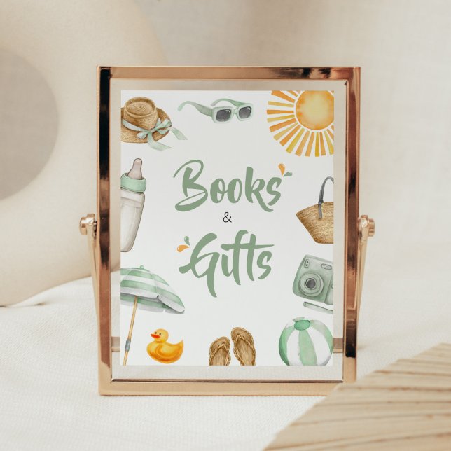 Poster Livros e presentes de Chás de fraldas de apresenta (Summer Baby Bash Baby Shower Books and Gifts Sign)