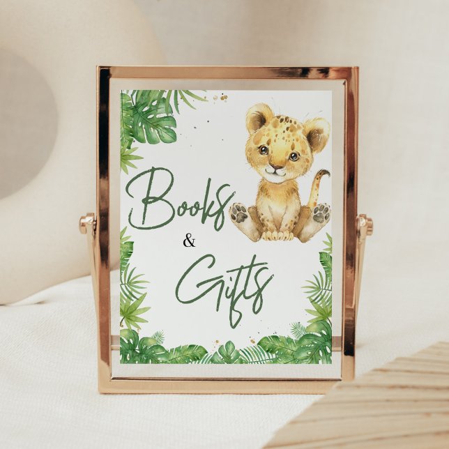 Poster Livros e presentes de Chás de fraldas de leões iti (Roaring with Excitement Lion Baby Shower Books and Gifts Sign)