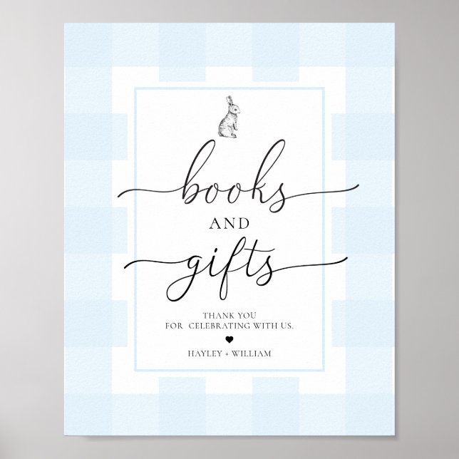 Poster Livros e presentes de coelho coelho azul-gingham (Frente)