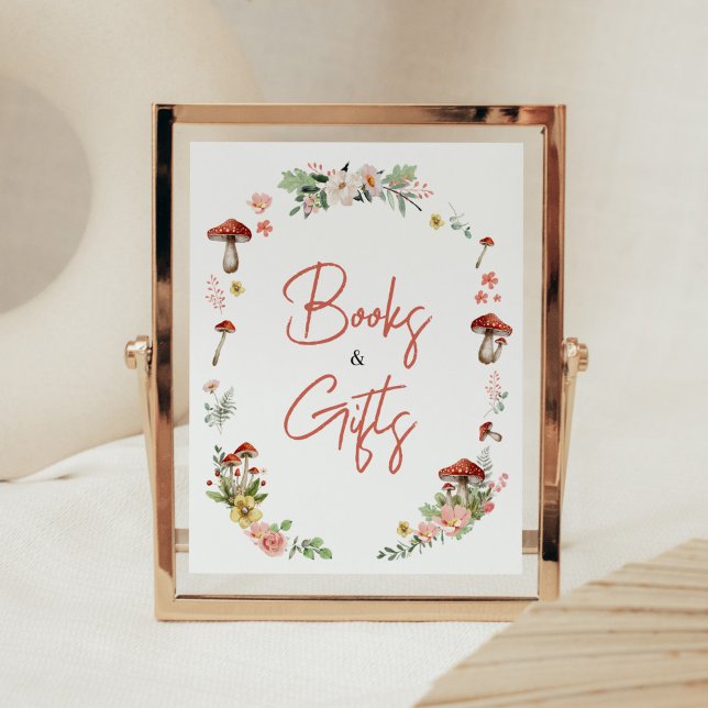 Poster Livros e presentes de Cogumelos de Flor Selvagem E (Enchanted Mushroom Baby Shower Books and Gifts Sign)
