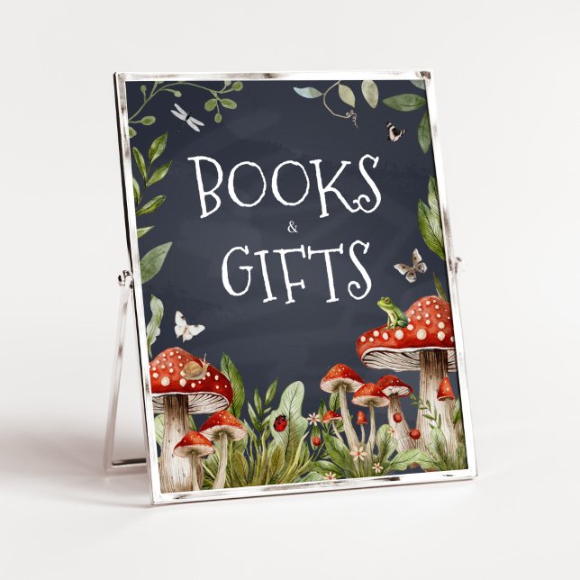 Poster Livros e presentes de cogumelos entonados (Rustic Mushroom Baby Shower Books and GIfts Sign)