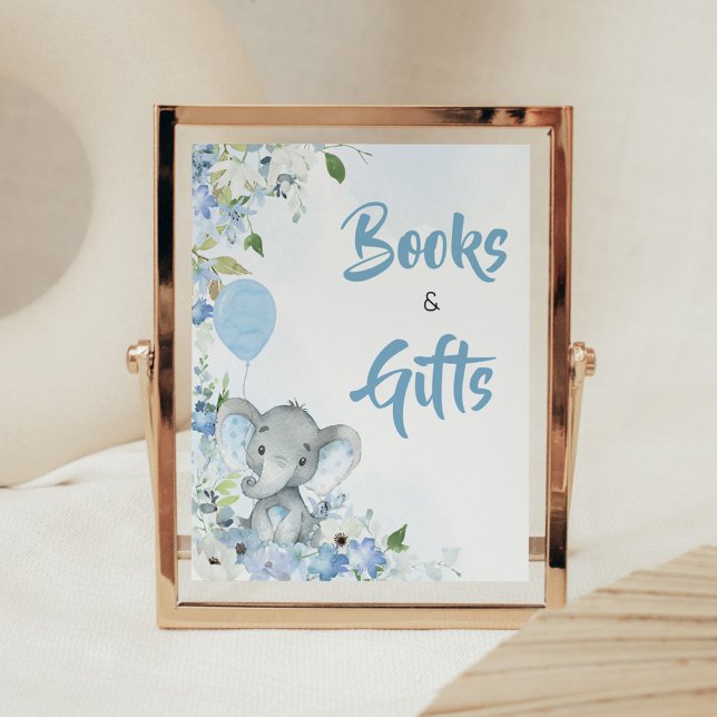 Poster Livros e presentes de elefante de amendoim azul (Blue Elephant Little Peanut Baby Shower Books and Gifts Sign)