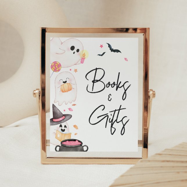 Poster Livros e presentes de Halloween de Boo Rosa (Pink Little Boo Baby Shower Books and Gifts Sign)