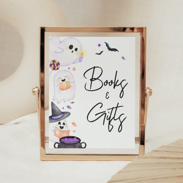 Poster Livros e presentes de Halloween de Boo Roxo (Purple Little Boo Baby Shower Books and Gifts Sign)