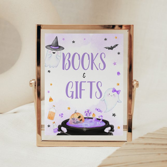 Poster Livros e presentes de Halloween de Folha (Purple Oh Sheet Boo-y Ghoul Baby Shower Books and Gifts Sign)