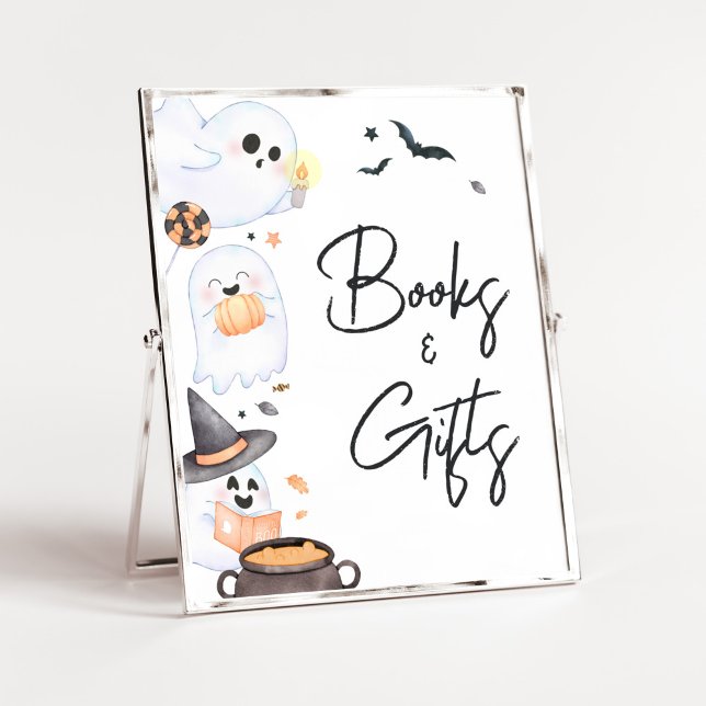 Poster Livros e presentes de Halloween do Little Boo Lara (Orange Little Boo Baby Shower Books and Gifts Sign)