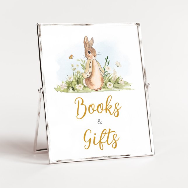 Poster Livros e presentes do Chá de fraldas Peter Rabbit (Rabbit Gender Neutral Baby Shower Books and Gifts Sign)