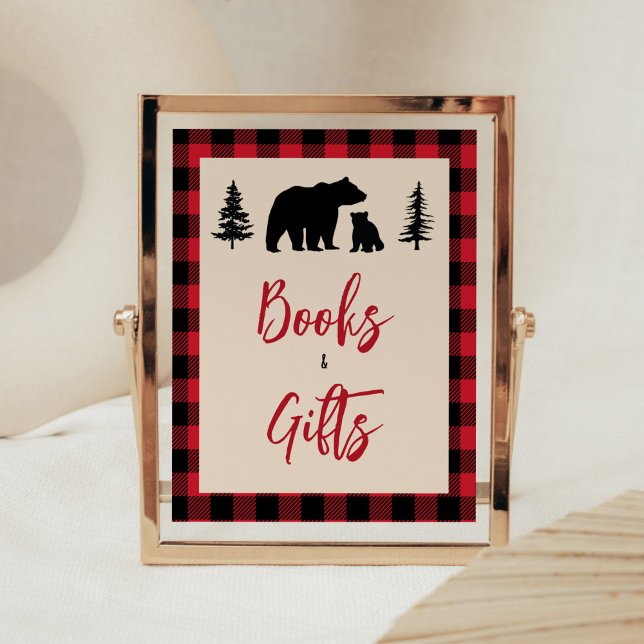 Poster Livros e presentes do 'Cubo do Urso xadrez' (Bear Cub Plaid Lumberjack Baby Shower Books and Gifts Sign
)
