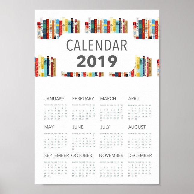 Poster livros fofos ilustração literária calendário 2019 (Frente)