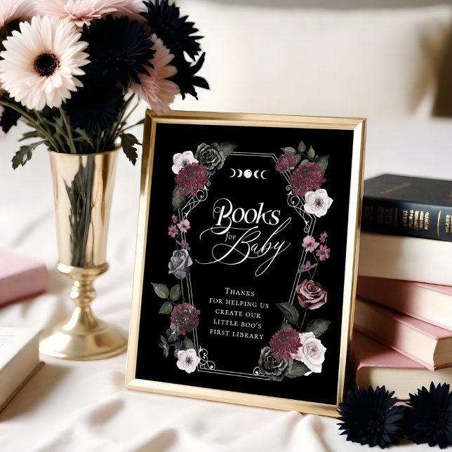 Poster Livros para Bebê Florais de Aquarela Preta Gótica (Gothic Black Watercolor Floral Books for Baby Sign)