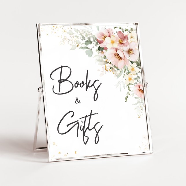 Poster Livros Vermelhos e Presentes, cor-de-rosa, cor-de- (Dusty Pink Floral Baby Shower Books and Gifts Sign)