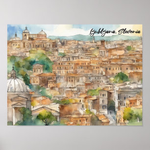 Poster Ljubljana Eslovênia Silhouette Watercolor Painting