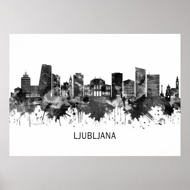 Poster Ljubljana Eslovênia Skyline BW (Frente)