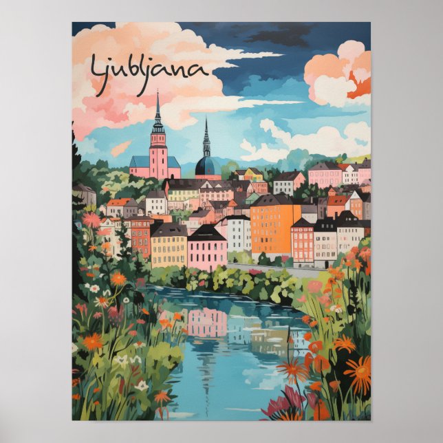 Poster Ljubljana Slovenia Travel City Painting Aesthetic (Frente)