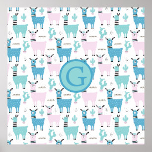 Poster Llama Alapaca Animal Monograma Azul Rosa Animais