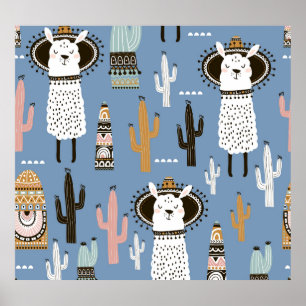 Poster Llama, Cactus, Padrão De Elementos Desenhados À Mã