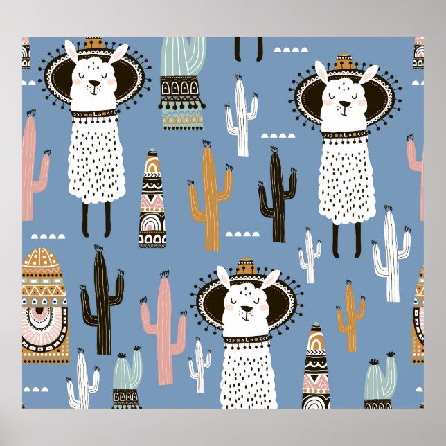 Poster Llama, Cactus, Padrão De Elementos Desenhados À Mã (Frente)